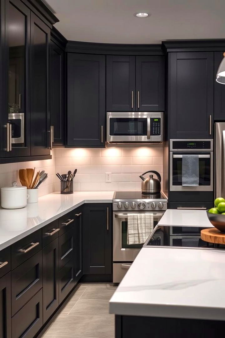 Sophisticated Customization Opportunities - 22 Black Kitchen Cabinets With White Countertops