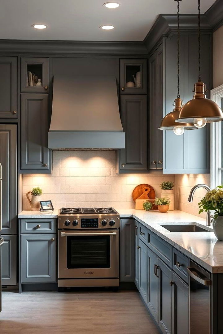 Sophisticated Lighting Features - 22 Farmhouse Kitchen With Gray Cabinets Ideas