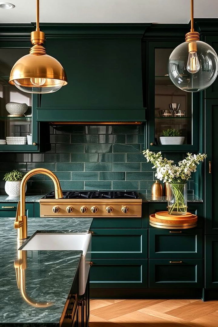 Sophisticated Pairings with Brass Accents - 22 Forest Green Kitchen Ideas