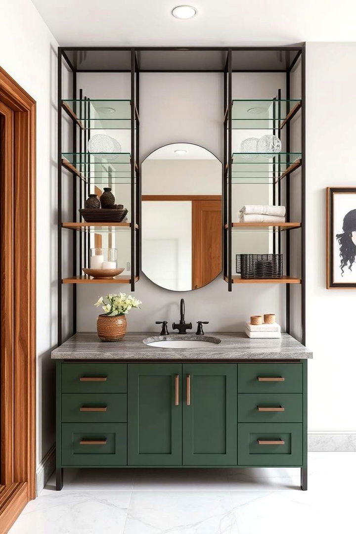 Sophisticated Shelving Options - 22 Bathroom With Green Vanity