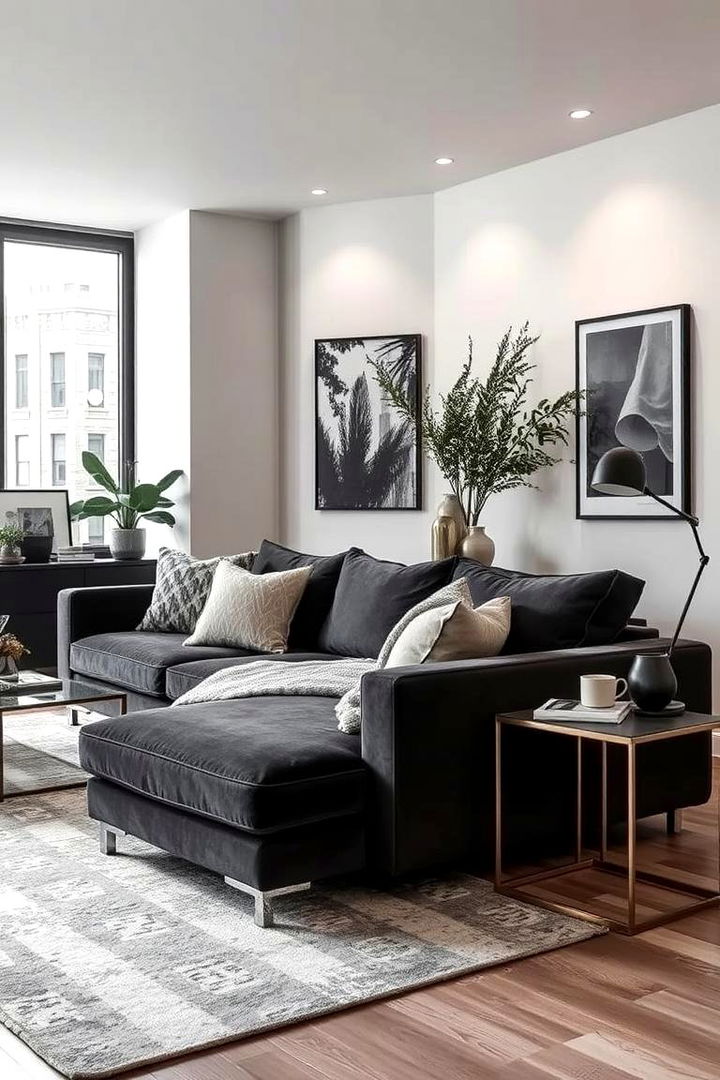 Sophisticated Urban Retreat with Layered Textures - 22 dark grey couch living room ideas
