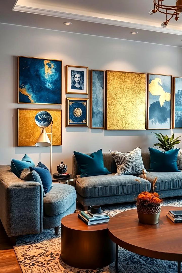 Sophisticated Wall Art - 22 Blue and Gold Living Room Ideas