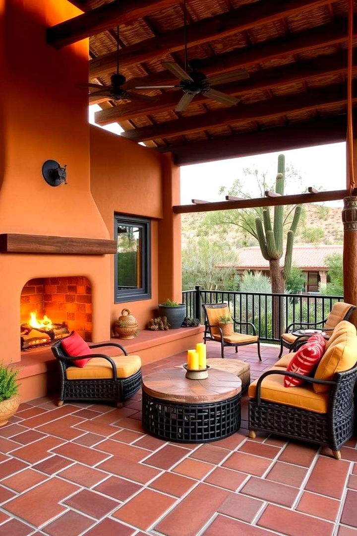 Southwestern Vibe with Adobe Flair - 22 Covered Deck With Fireplace Ideas
