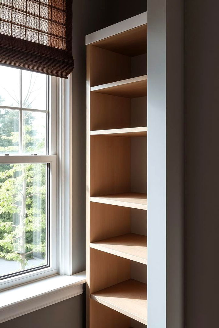 Space Saving Slim Profile Bookcase with Window - 22 Bookcases Around Window Design Ideas