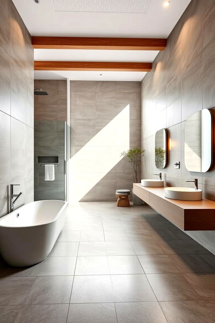 Spacious Illusion with Large Format Tiles - 22 Small Bathroom Flooring Ideas