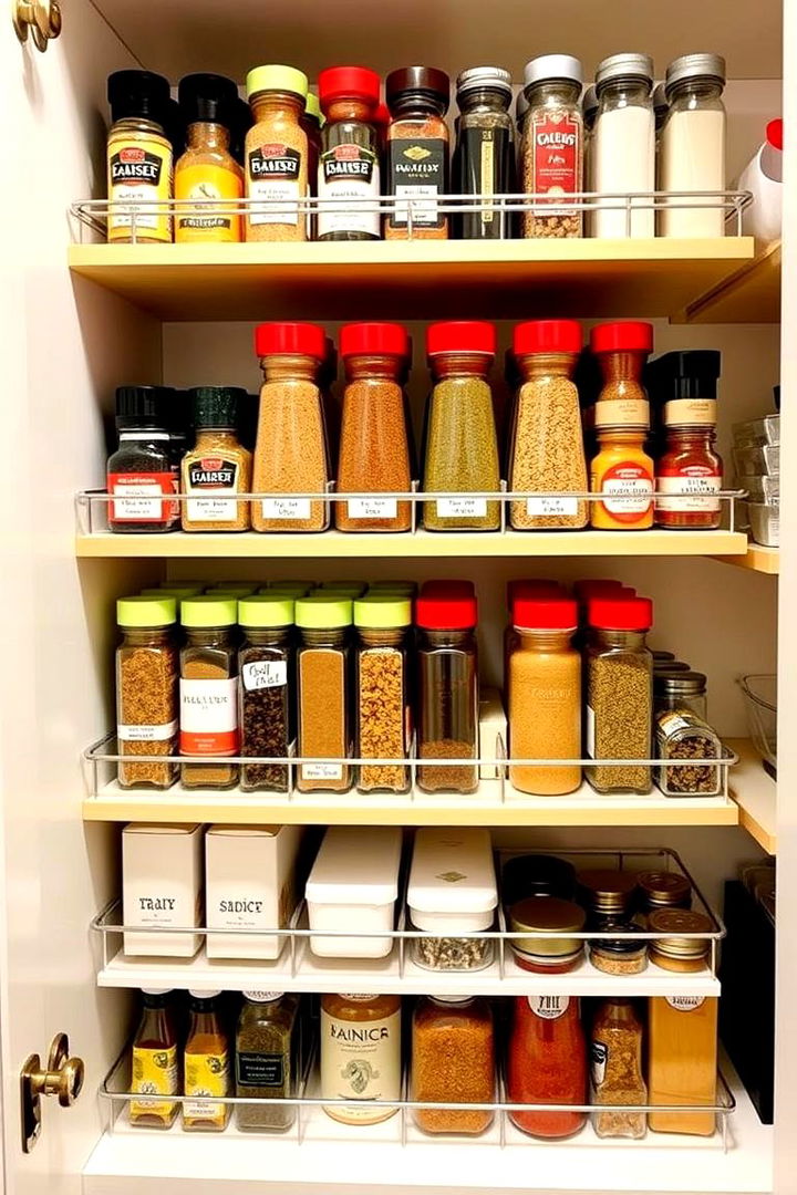 Specialized Spice Shelving with Tiered Design - 22 Pantry Shelving Ideas