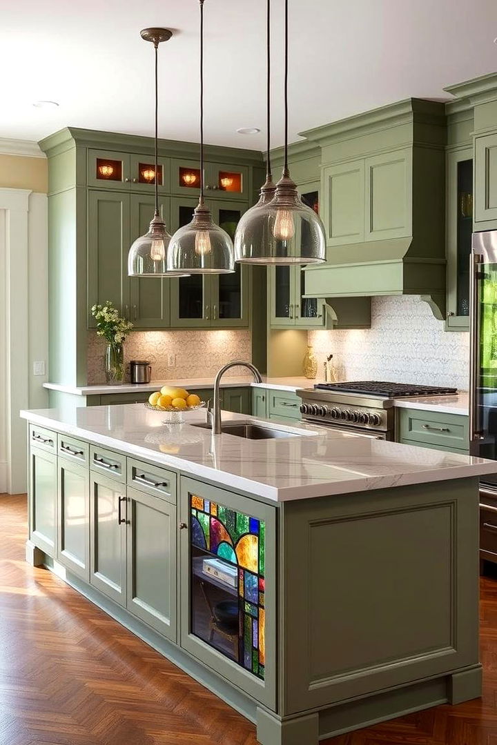 Stained Glass Accents in Sage Green Elements - 22 Sage Green Kitchen Island Ideas