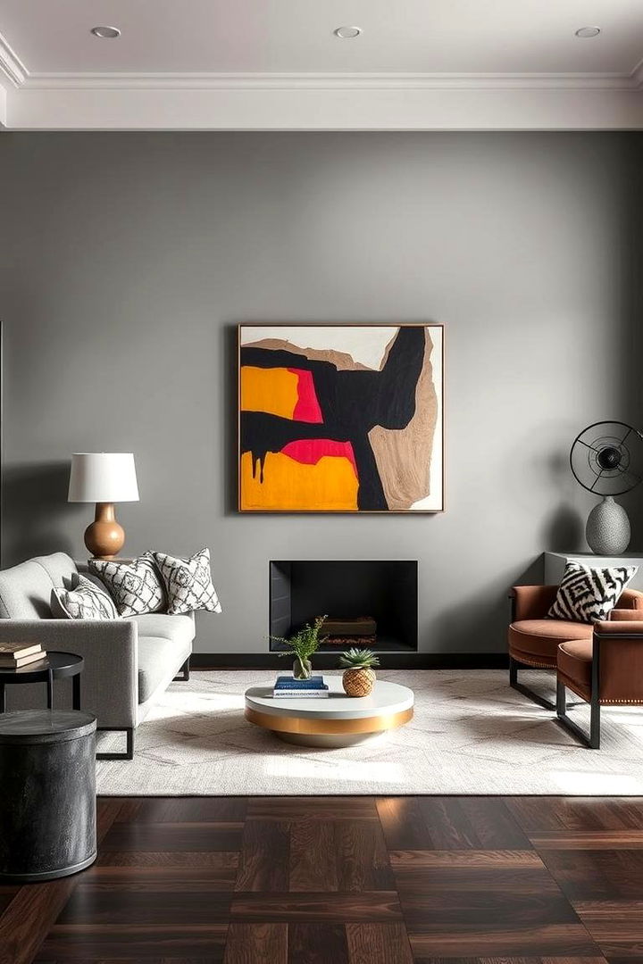 Statement Art and Accessories - 22 Grey Living Room With Dark Wood Floors