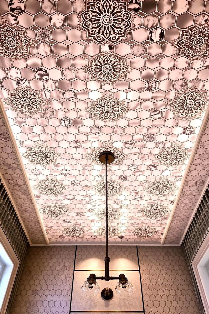 Statement Ceiling Feature - 22 Hexagon Tiles Ideas for Bathrooms