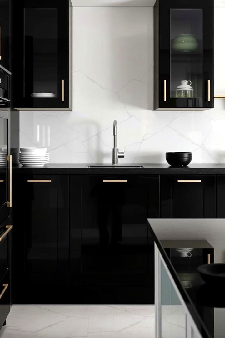 Statement Glass Inserts - 22 Black Kitchen Cabinet Ideas