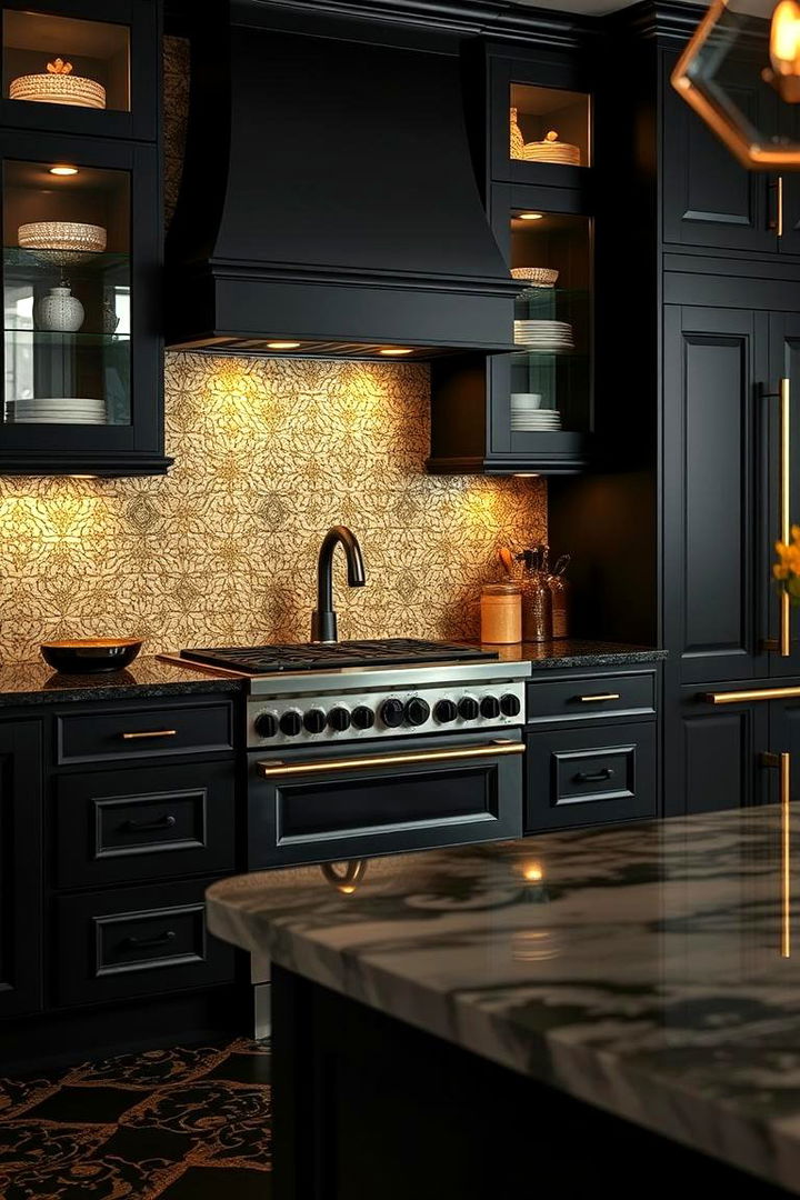 Statement Gold Backsplash in a Black Themed Kitchen - 22 Black and Gold Kitchen Ideas