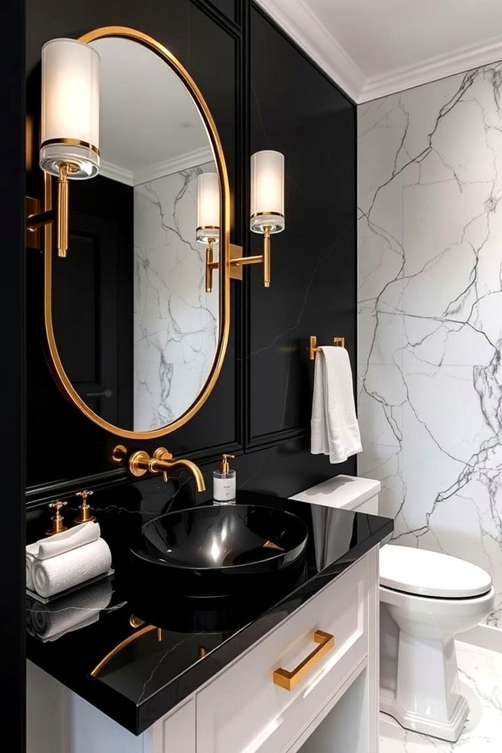 Statement Gold Fixtures - 22 black and gold powder room ideas