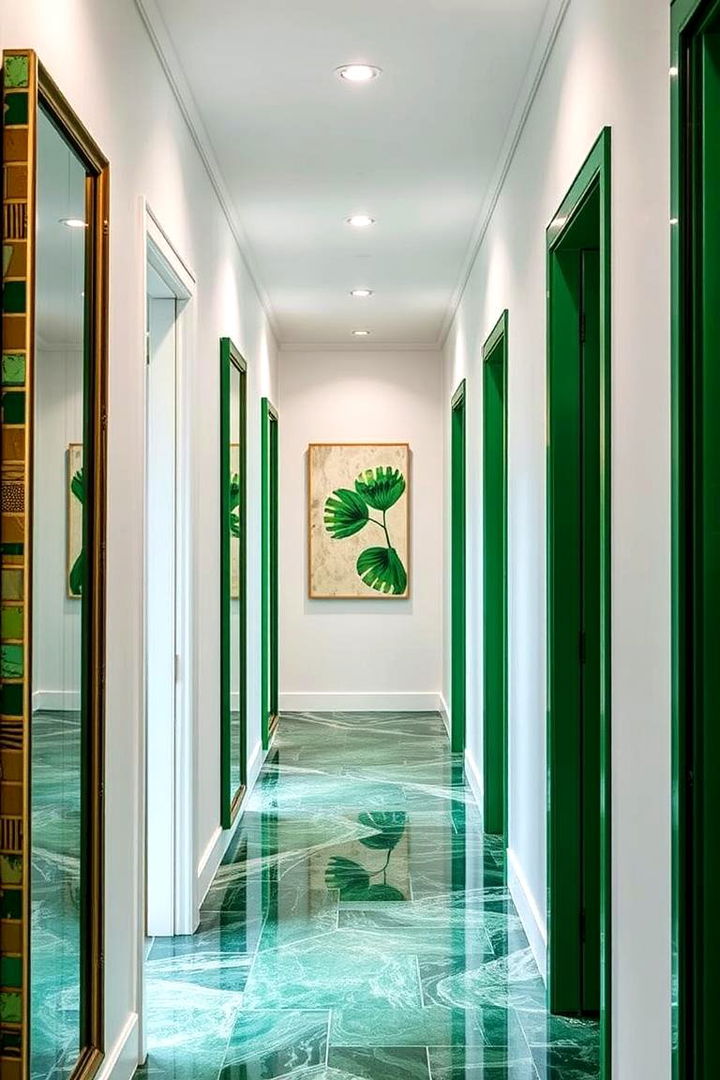 Statement Green Mirrors and Art - 22 Green Hallway Ideas
