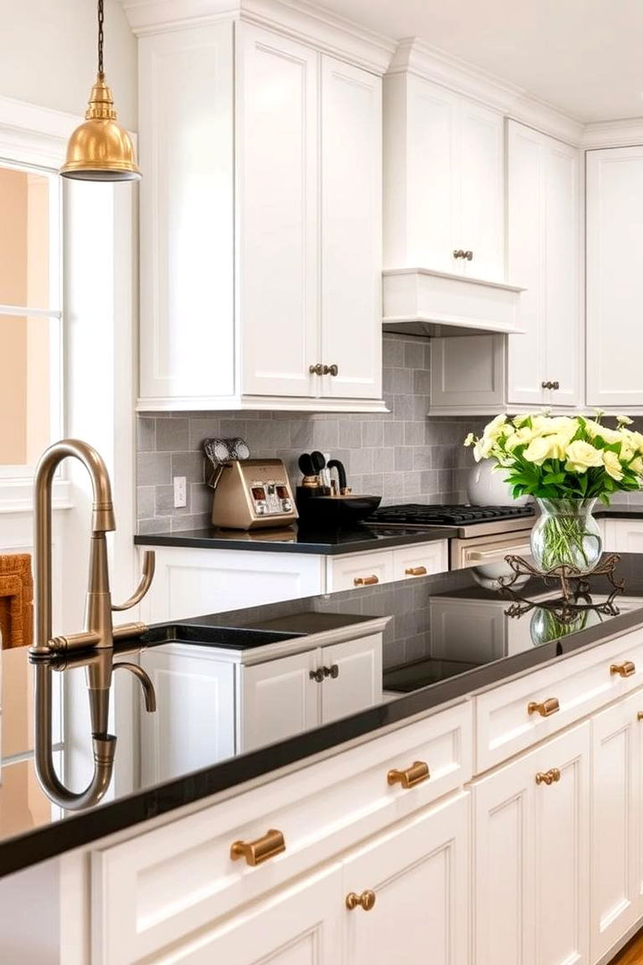 Statement Hardware Details - 22 Kitchen With White Cabinets and Black Countertops Ideas