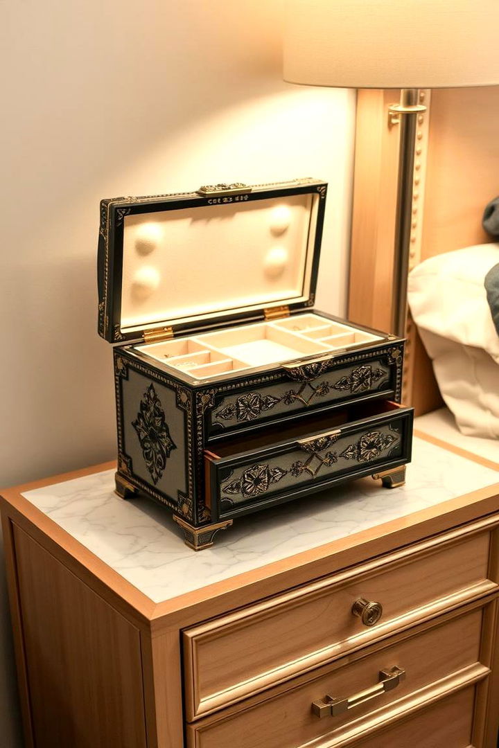 Statement Jewelry Box Display - 22 Nightstand Decor Ideas