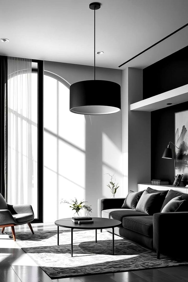 Statement Lighting Drama - 22 Black and White Boho Living Room Ideas