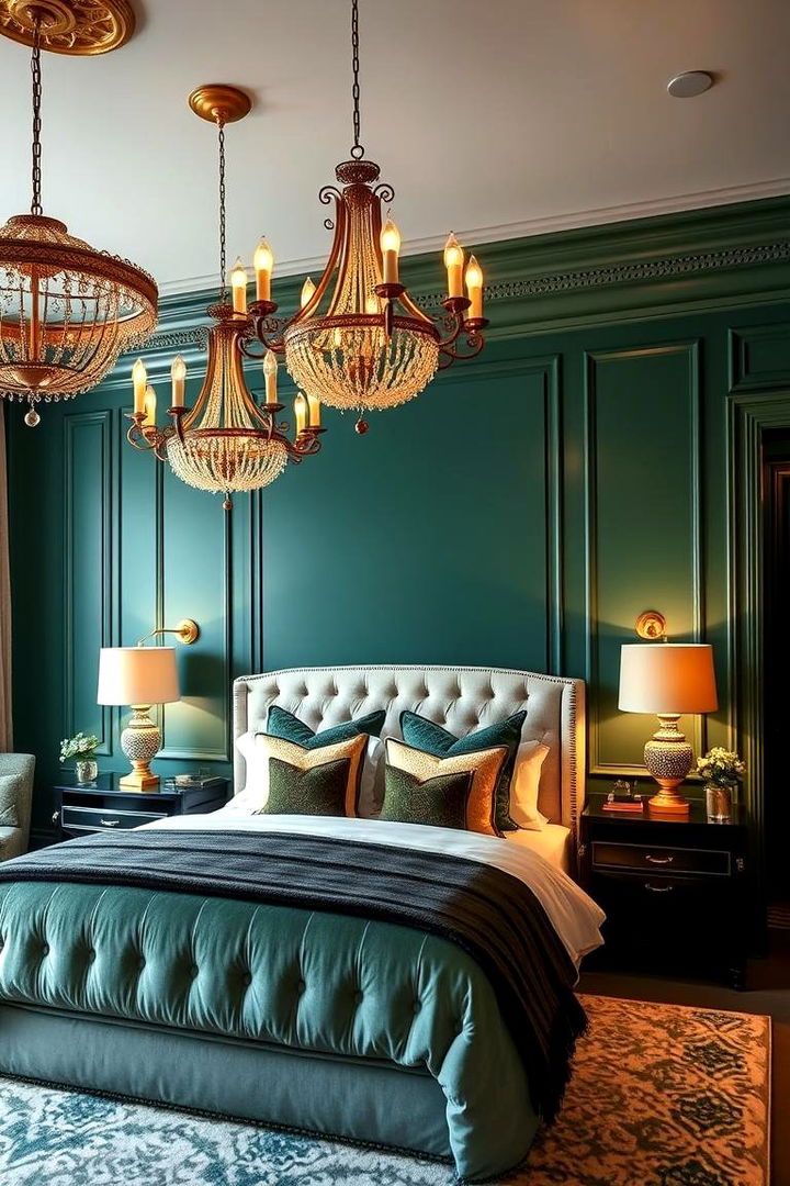 Statement Lighting Effects - 22 Emerald Green and Gold Bedroom Ideas