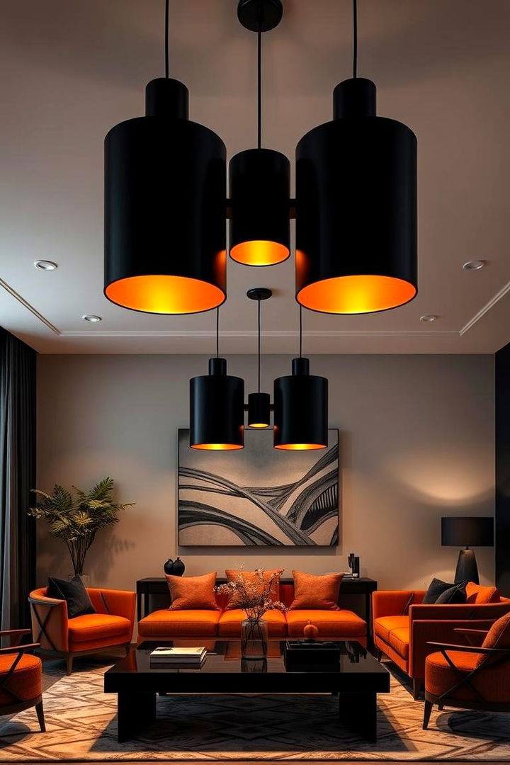 Statement Lighting Effects - 22 Black and Orange Living Room Ideas
