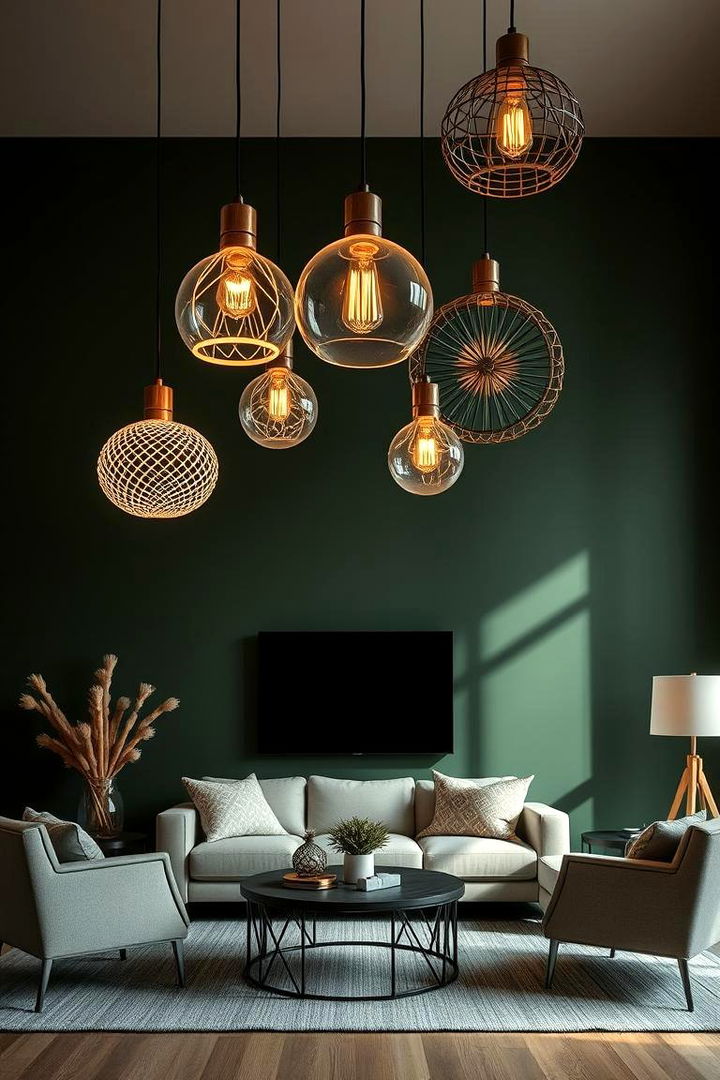 Statement Lighting Fixtures - 22 Dark Green Living Room Ideas