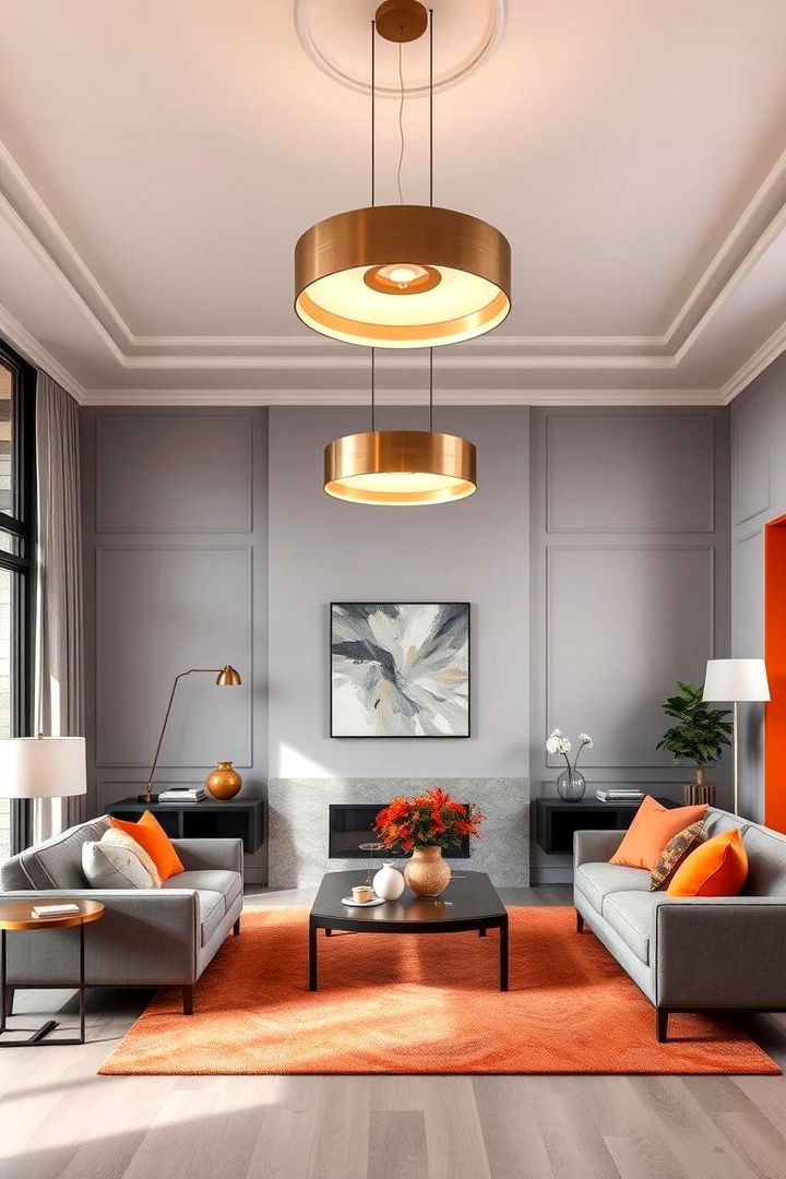 Statement Lighting Fixtures - 22 Orange and Grey Living Room Ideas