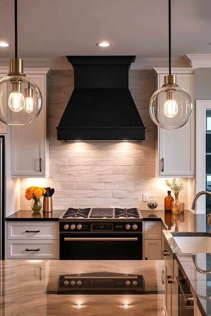 Statement Lighting Fixtures - 22 Small Kitchen with Black Appliances Ideas