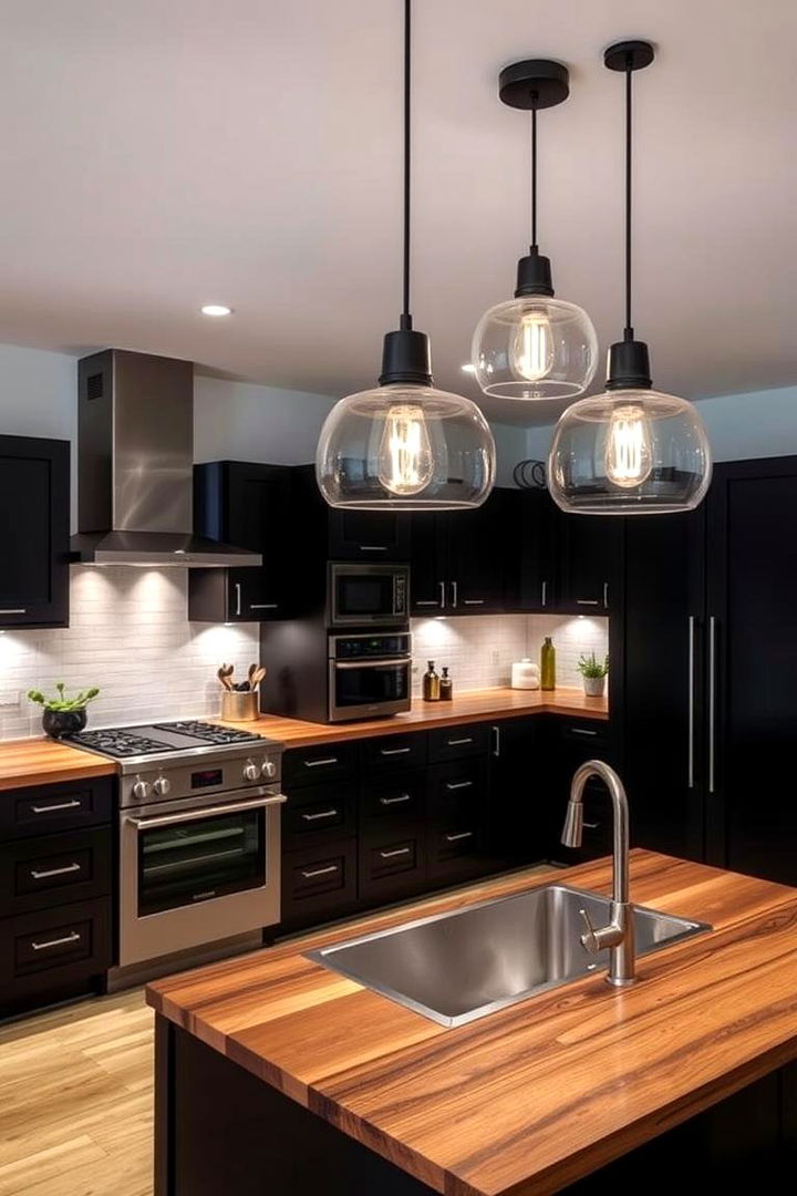 Statement Lighting Integration - 22 Kitchen With Black Cabinets And Wood Countertops Ideas