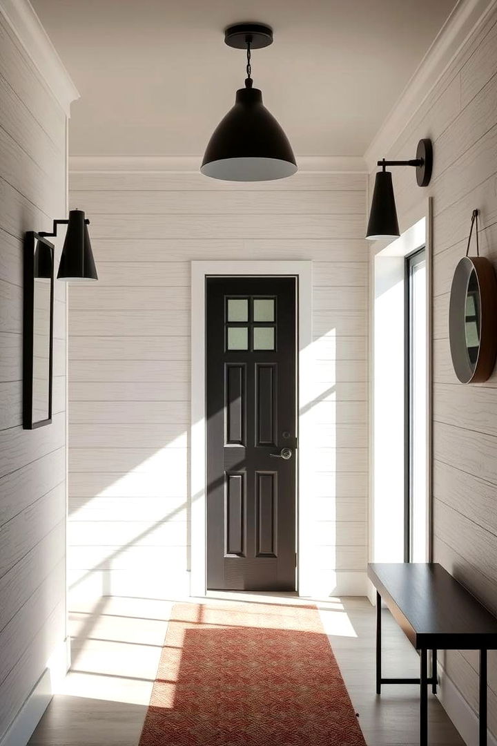 Statement Lighting with Shiplap - 22 Shiplap Wall Entryway Ideas
