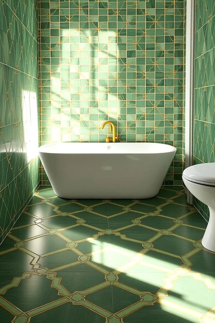 Statement Tile Flooring - 22 Green and Gold Bathroom Ideas