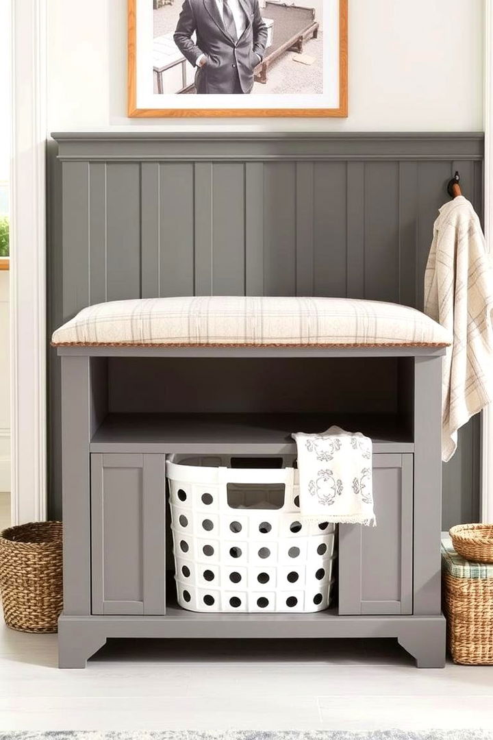 Storage Bench with Integrated Laundry Basket - 22 Laundry Basket Storage Ideas