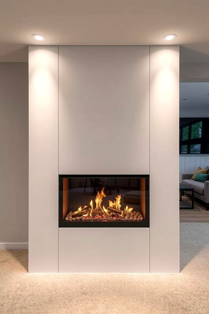 Streamlined Minimalist Tech Fusion - 22 Basement Fireplace Ideas