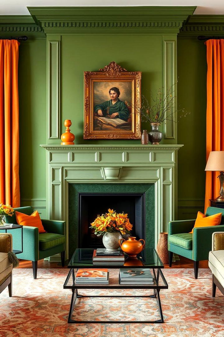 Striking Fireplace Focal Point - 22 Green and Orange Living Room Ideas