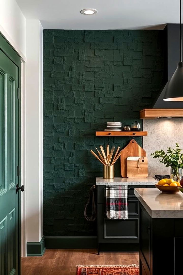 Striking Forest Green Accent Walls with Texture - 22 Forest Green Kitchen Ideas