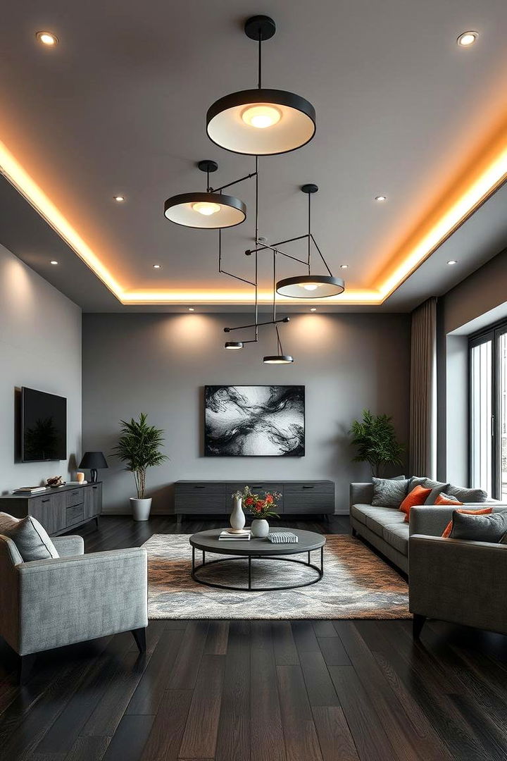 Striking Lighting Fixtures - 22 Grey Living Room With Dark Wood Floors