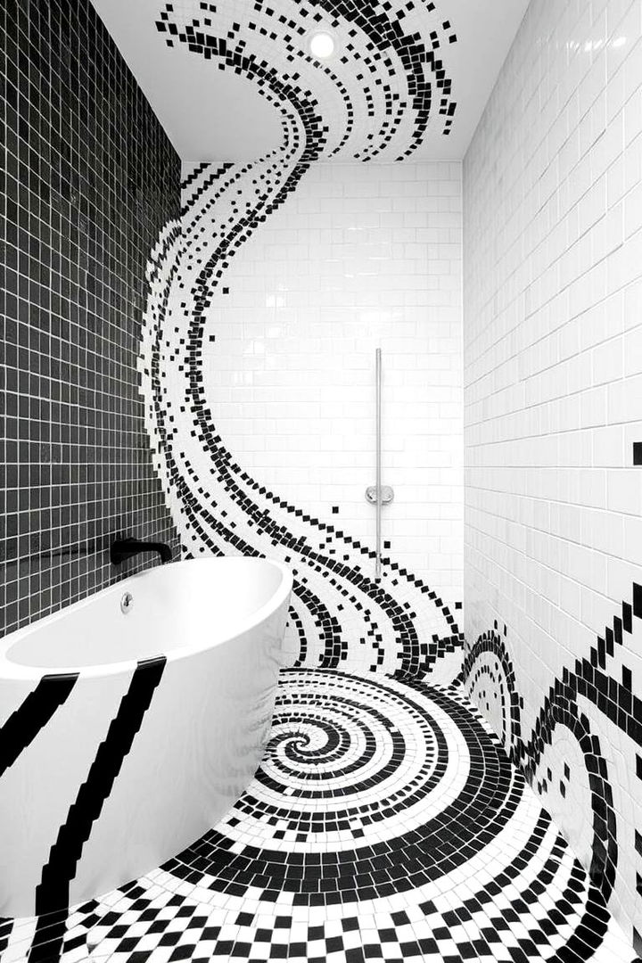Striking Spiral Motif - 22 Black and White Bathroom Tile Ideas