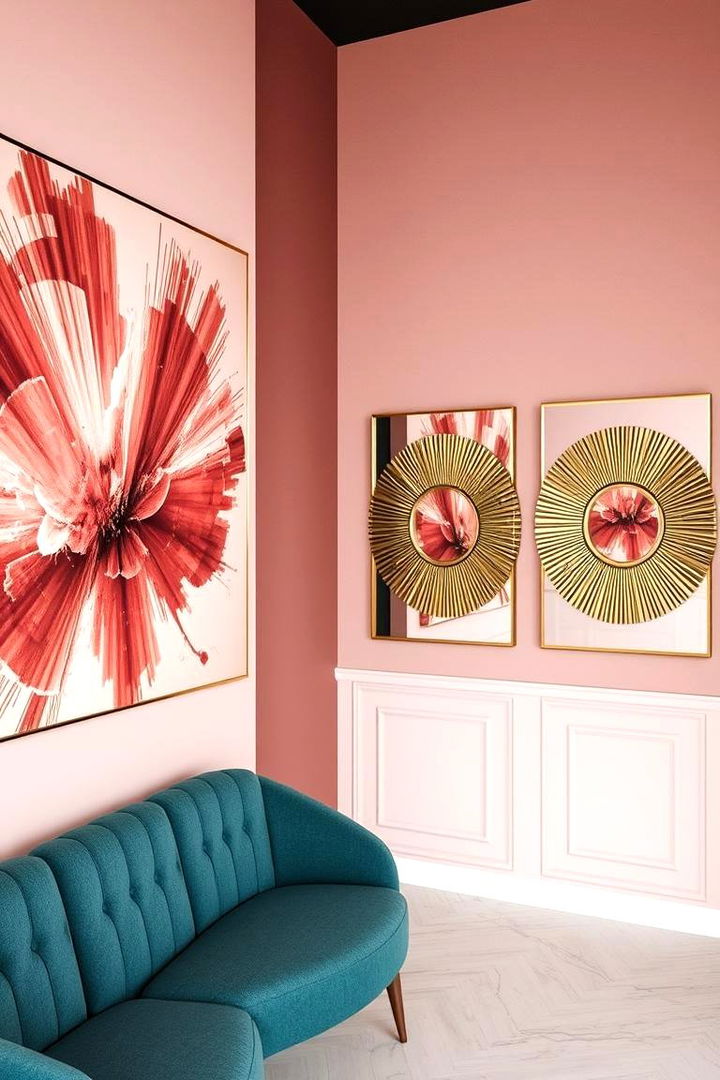 Striking Wall Art and Reflective Mirrors - 22 Dusty Rose Bedroom Ideas