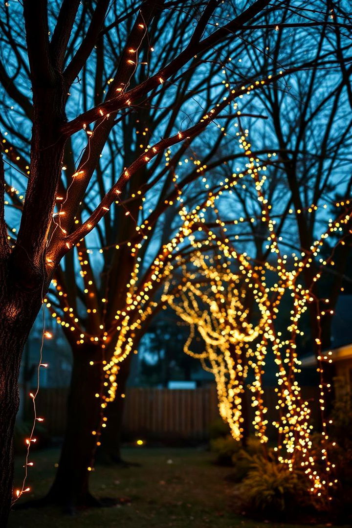 String Lights Draped on Trees - 22 fall outdoor decorating ideas