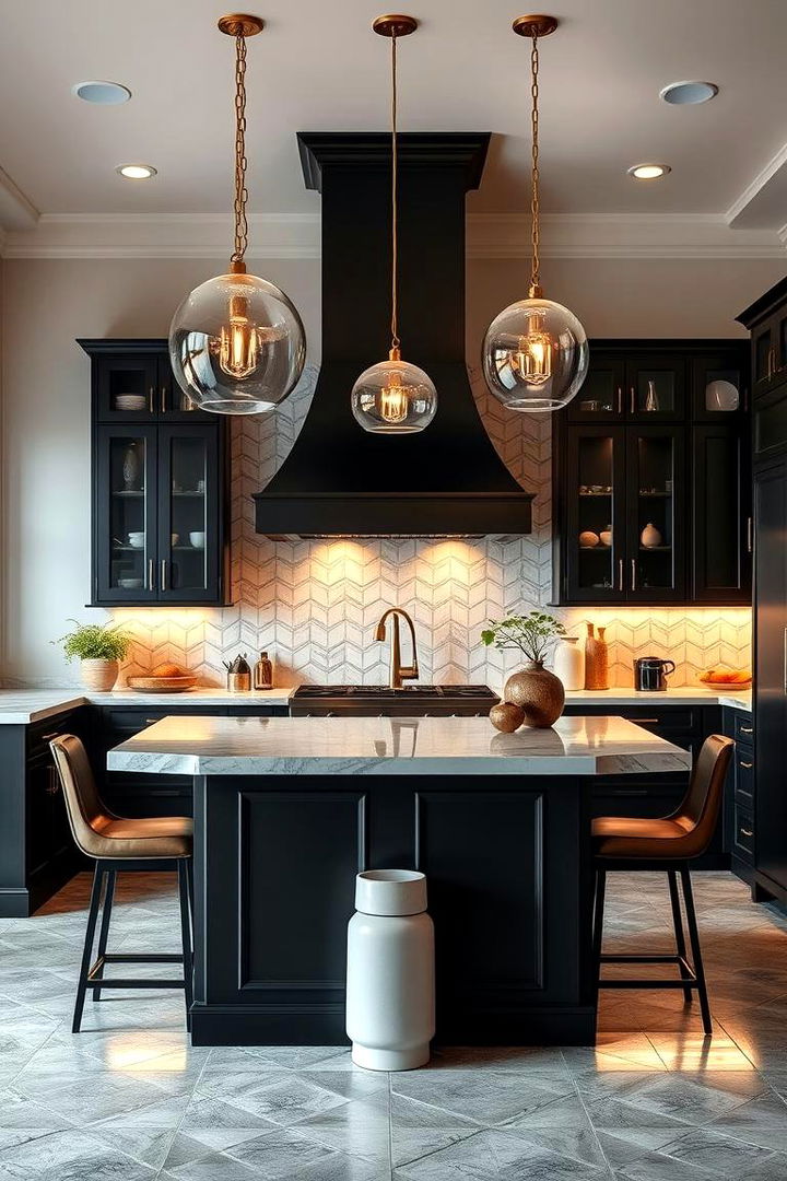 Stunning Gold Pendant Lighting Over Black Island - 22 Black and Gold Kitchen Ideas