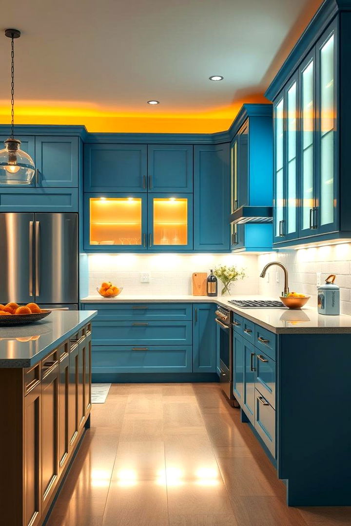 Stunning Visual Impact - 22 blue kitchen cabinets with gold hardware