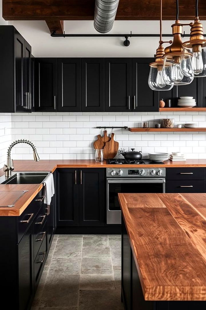 Subtle Industrial Touches - 22 Kitchen With Black Cabinets And Wood Countertops Ideas