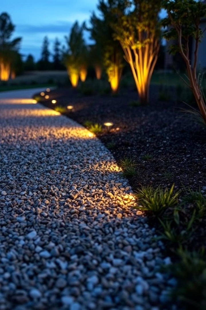 Subtle Lighting Integrated Gravel Paths - 22 Gravel Driveway Ideas