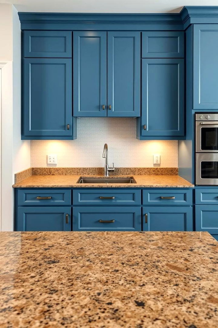 Subtle Minimalism for Everyday Sophistication - 22 blue kitchen cabinets with brown granite countertops