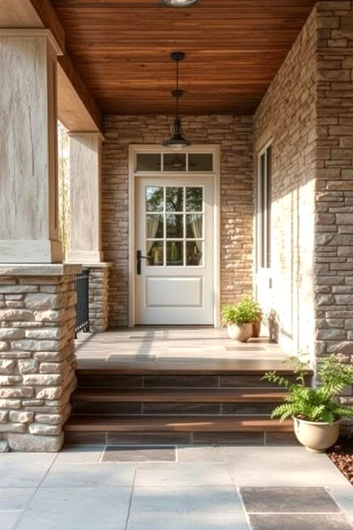 Subtle Mixed Material Stone Porch - 22 Stone Porch Ideas