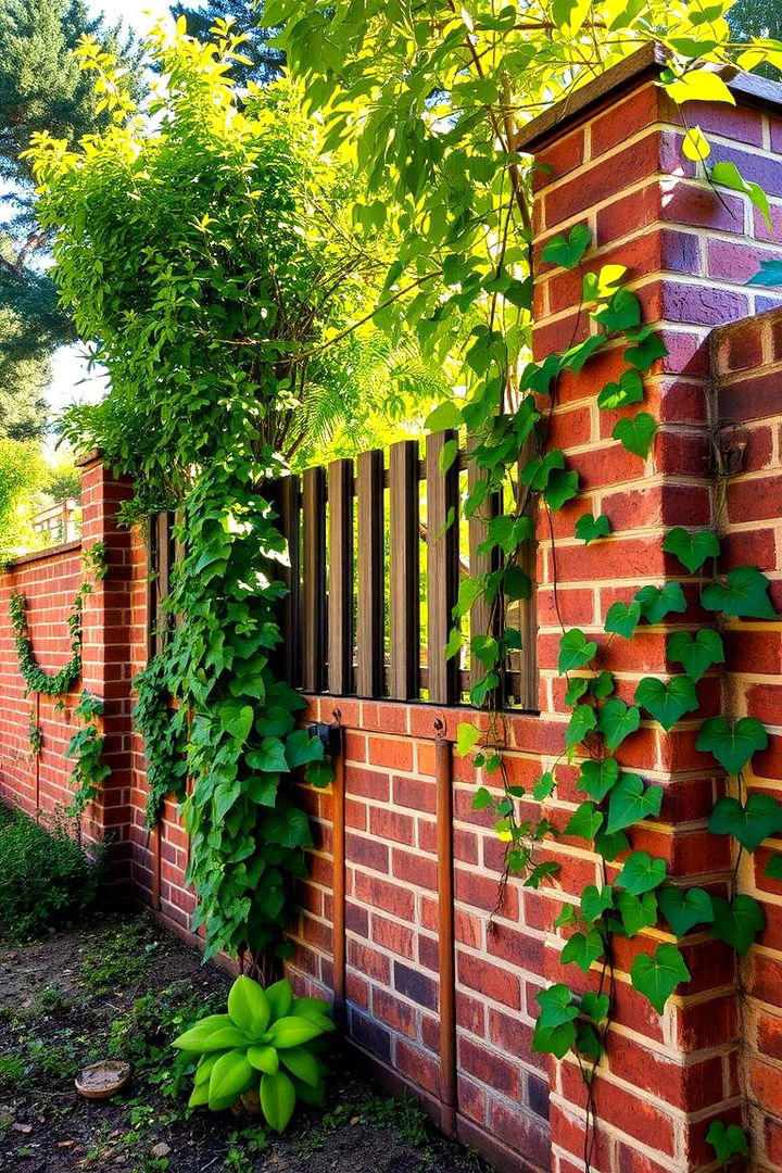 Sunlit Brick Fence with Greenery - 22 Front Yard Brick Fence Ideas