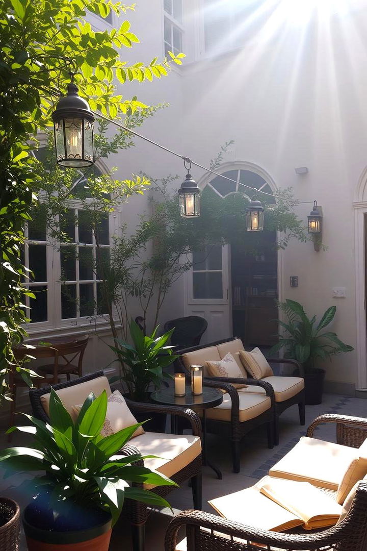 Sunlit Courtyard with Lanterns - 22 Outdoor Reading Nook Ideas