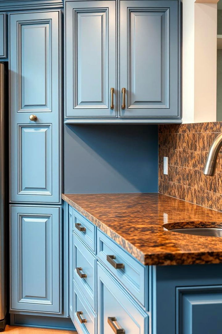 Superior Craftsmanship and Durability - 22 blue kitchen cabinets with brown granite countertops