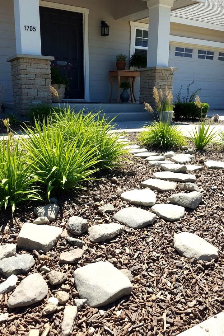 Sustainable Front Yard With Recycled Rocks and Organic Mulch - 22 Front Yard Landscaping Ideas With Rocks and Mulch