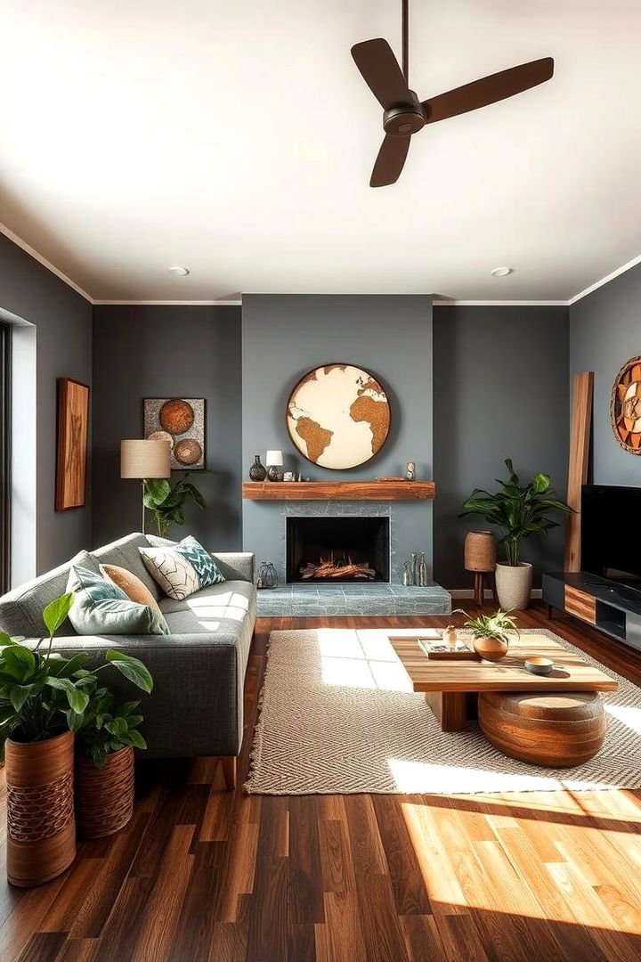 Sustainable Material Choices - 22 Grey Living Room With Dark Wood Floors