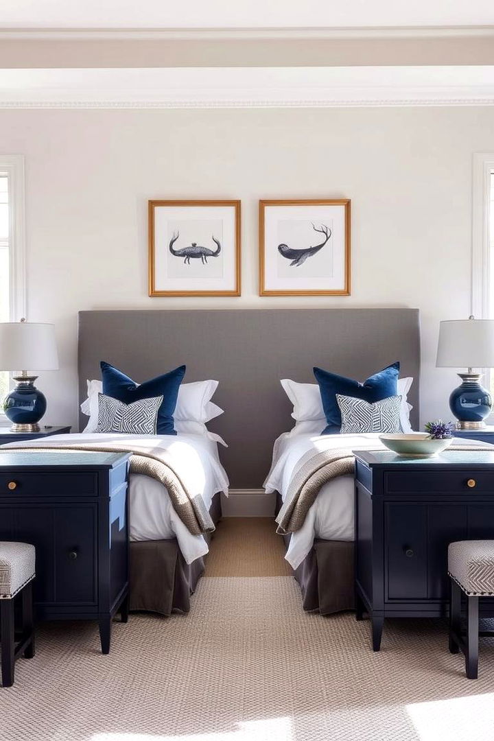 Symmetrical Comfort Designs - 22 Navy Blue and Grey Bedroom Ideas
