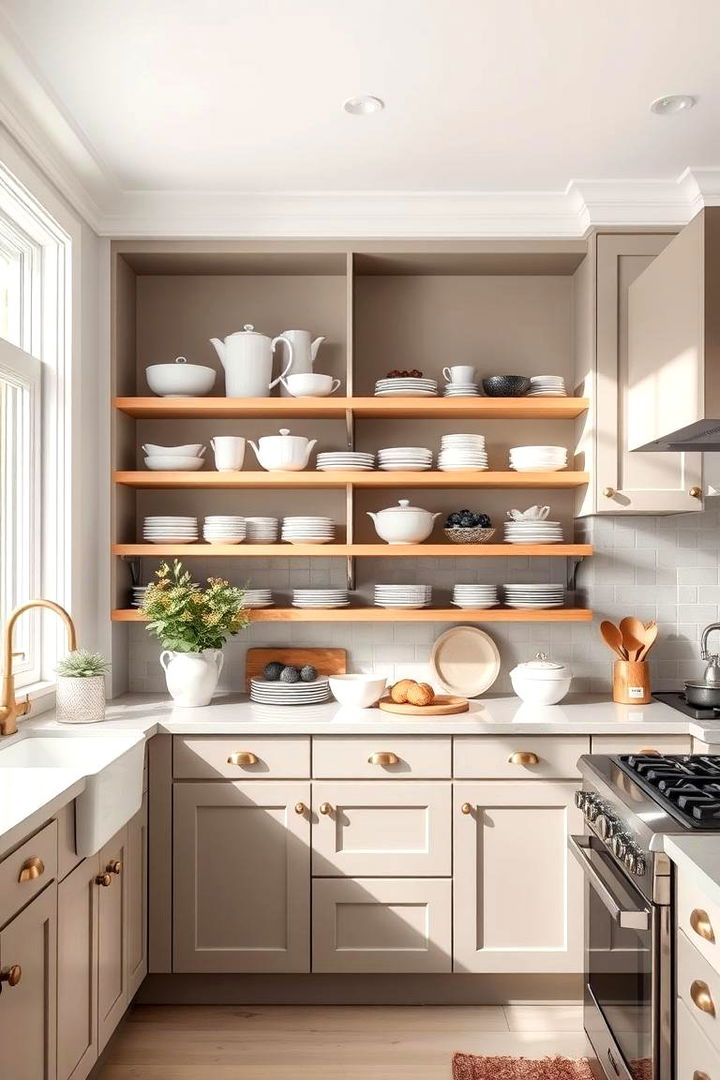 Taupe Cabinets in Open Shelving - 22 Taupe Kitchen Cabinet Ideas