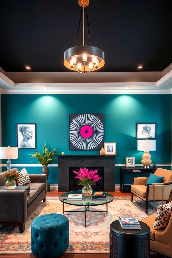 Teal Statement Wall Design - 22 Teal Living Room Ideas